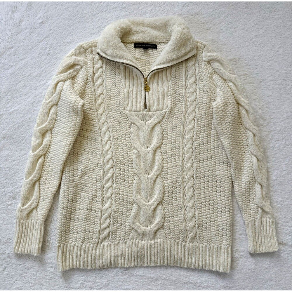 Adrienne Vittadini Cable-Knit 1/4 Zip Mock Neck Sweater Cream Size Small
